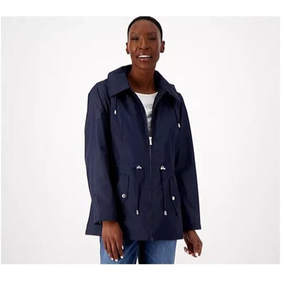 Susan Graver Water Resistant Zip Jacket with Stripe Admiral Navy X-Small A470639 - Picture 1 of 5